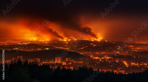 Fire near within the city. Smoke and smell pollute . Generative Ai.