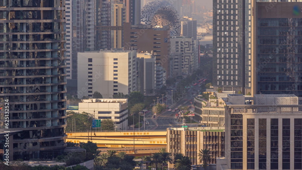 Dubai International Financial district aerial timelapse with road traffic