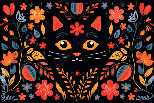 Pattern design using cat head and flowers and leaves. Pet. Animals. Illustration, Generative AI.