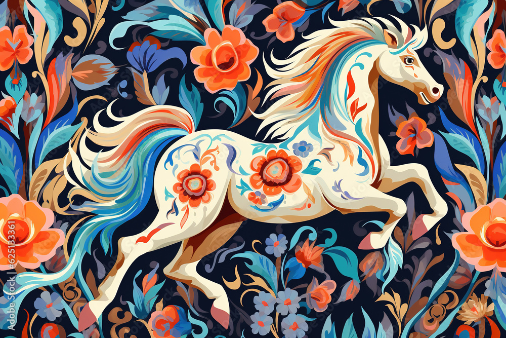 Obraz premium Image of pattern design using horse and flowers and leaves. Wildlife Animals. Illustration, Generative AI.