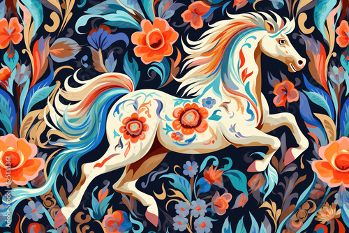Image of pattern design using horse and flowers and leaves. Wildlife Animals. Illustration  Generative AI.