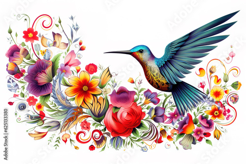 Image of pattern design using hummingbird and flowers and leaves. Wildlife Animals. Bird. Illustration, Generative AI. © yod67