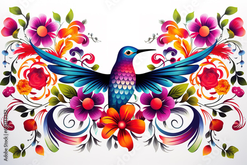 Image of pattern design using hummingbird and flowers and leaves. Wildlife Animals. Bird. Illustration, Generative AI. © yod67