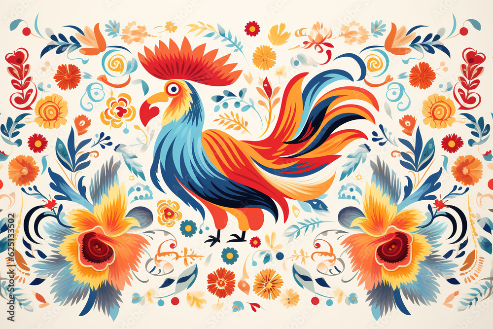 Image of pattern design using rooster and flowers and leaves. Farm animals. Illustration, Generative AI. Image of pattern design using rooster and flowers and leaves. Farm animals. Illustration, Generative AI.