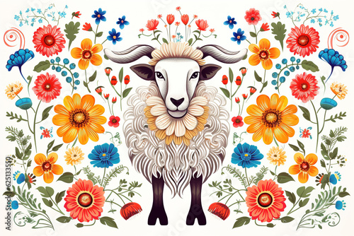Image of pattern design using sheep and flowers and leaves. Farm animals. Illustration, Generative AI.