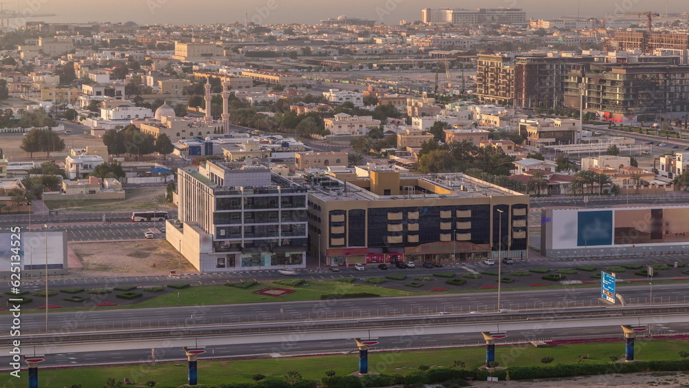 Aerial view to Dubai City Walk district timelapse from above