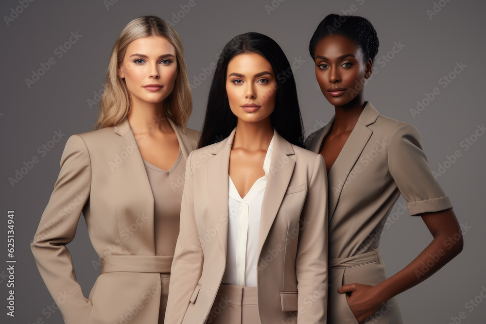 Closeup of 3 multi-ethnic businesswomen looking confident over a grey solid background. Generative AI Closeup of 3 multi-ethnic businesswomen looking confident over a grey solid background. Generative AI