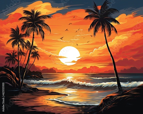A serene beach with palm trees and a sunset. (Generative AI)