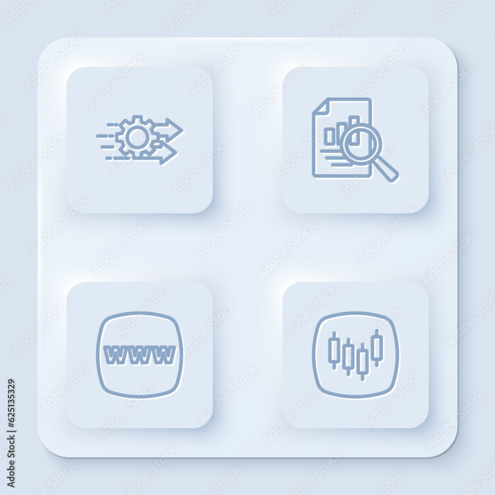 Set line Time management, Document with graph chart, Website template and Browser stocks market. White square button. Vector Set line Time management, Document with graph chart, Website template and Browser stocks market. White square button. Vector