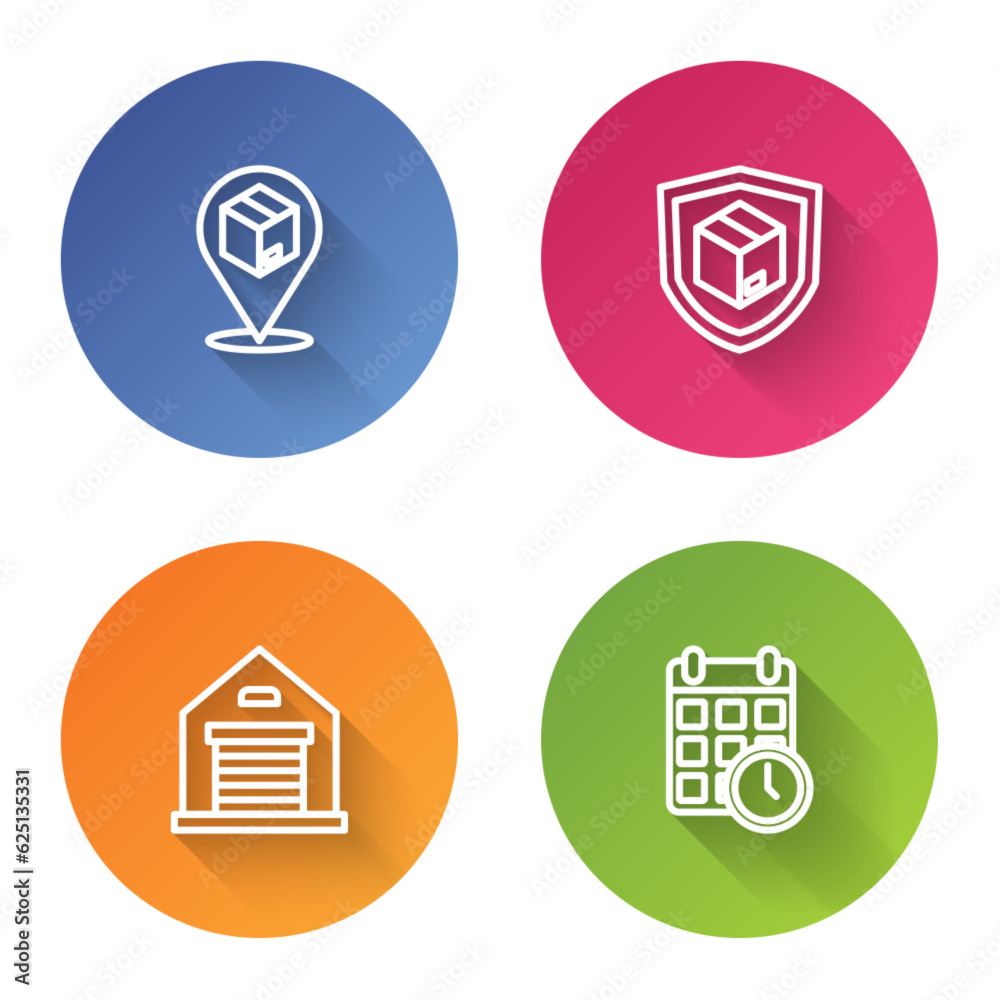 Set line Location with cardboard box, Delivery security shield, Warehouse and Cardboard calendar. Color circle button. Vector Set line Location with cardboard box, Delivery security shield, Warehouse and Cardboard calendar. Color circle button. Vector