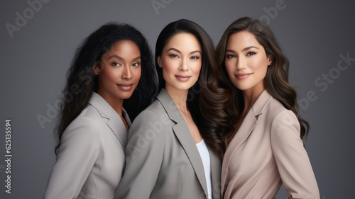 Closeup of 3 multi-ethnic businesswomen looking confident over a grey solid background. Generative AI © JuanM