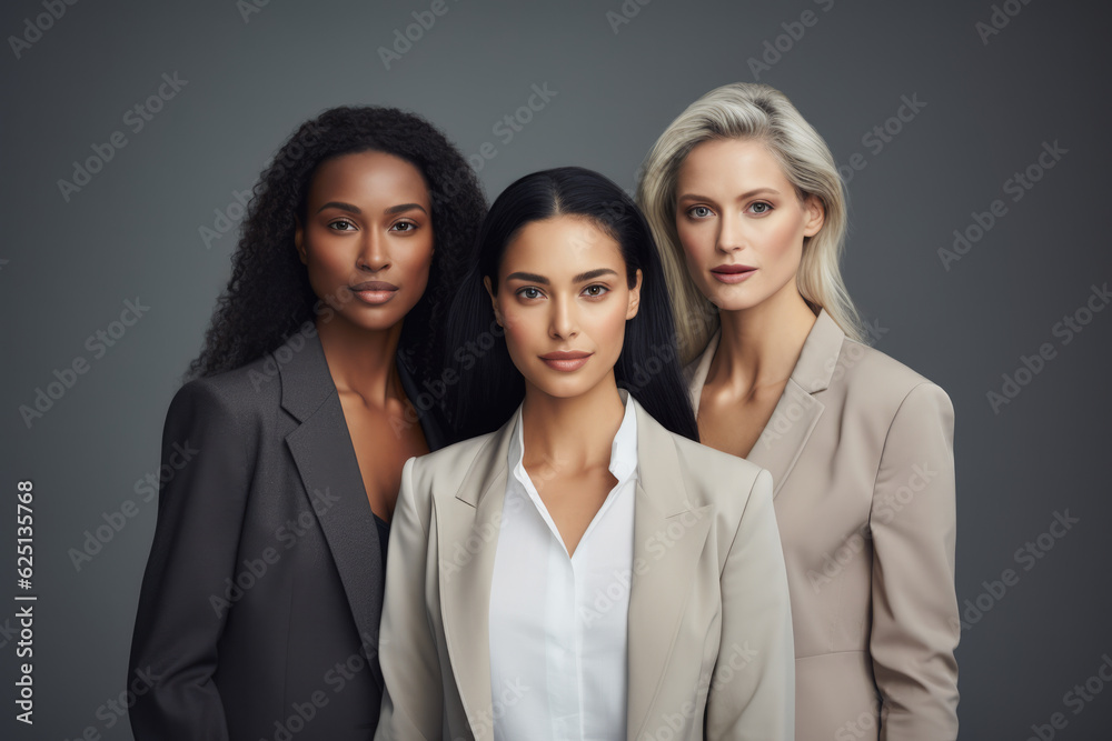 Closeup of 3 multi-ethnic businesswomen looking confident over a grey solid background. Generative AI Closeup of 3 multi-ethnic businesswomen looking confident over a grey solid background. Generative AI