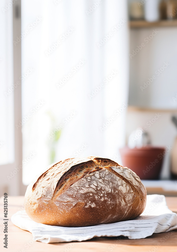 Freshly baked bread on the cutting board, Copy space, Generative AI