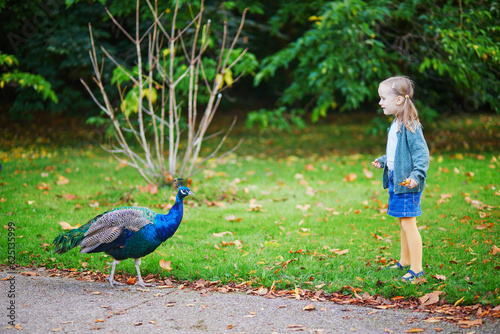 Adorable preschooler girl with peacock in park
