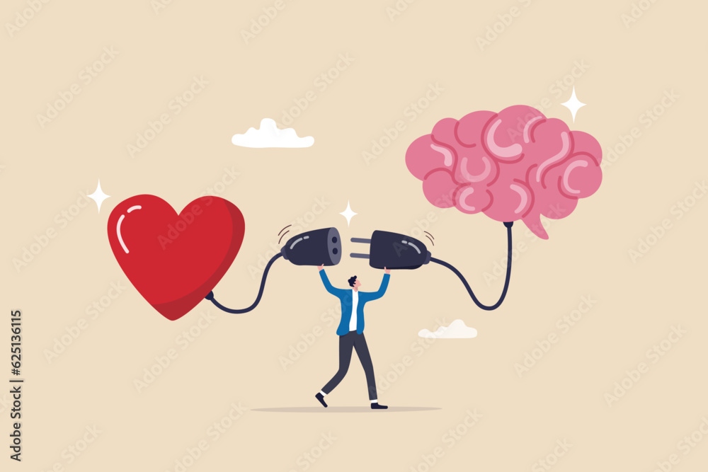 Emotional Intelligence, EI or control feeling and emotion with logical thinking brain, empathy or social skill, self control or balance concept, man connect heart feeling with logical thinking brain. - obrazy, fototapety, plakaty 