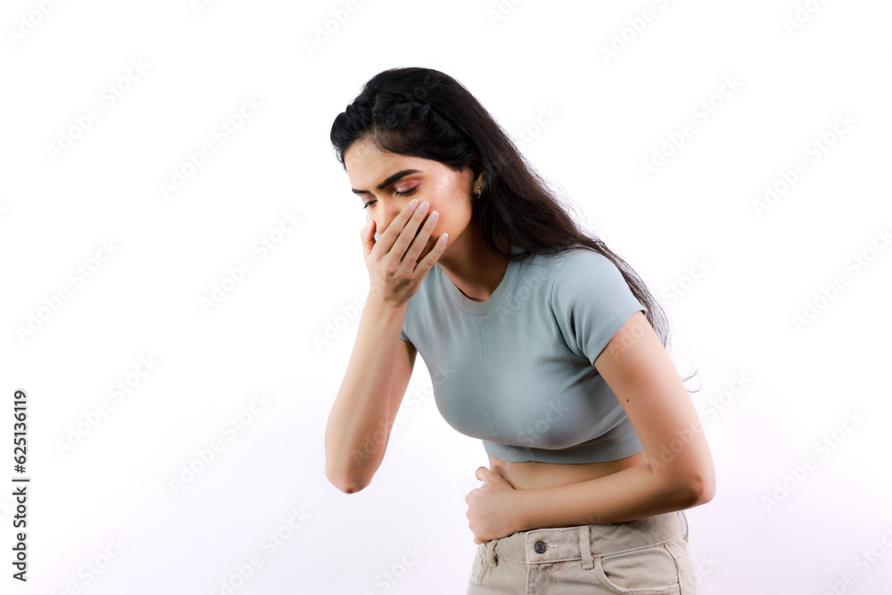 Young Indian Female Vomiting and Holding Stomach - Stomach Issues Faced by Ill Woman - Face Expressions Young Indian Female Vomiting and Holding Stomach - Stomach Issues Faced by Ill Woman - Face Expressions