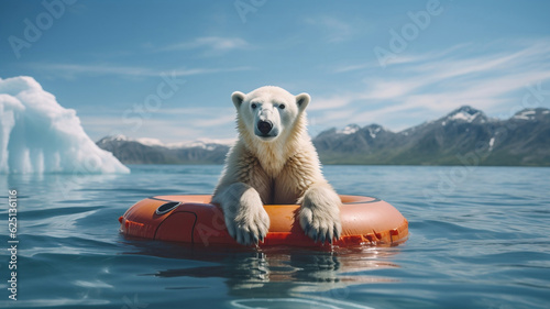 Polar bear floating on lifebuoy surrounded by melting snow, perfect for global warming and climate change awareness theme