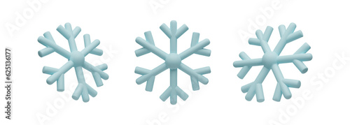 3d render set of snowflakes. Meteorology realistic element. Vector symbol of cold, frost. Design element for winter season. Hegagon shape crystal in clay, plastic style