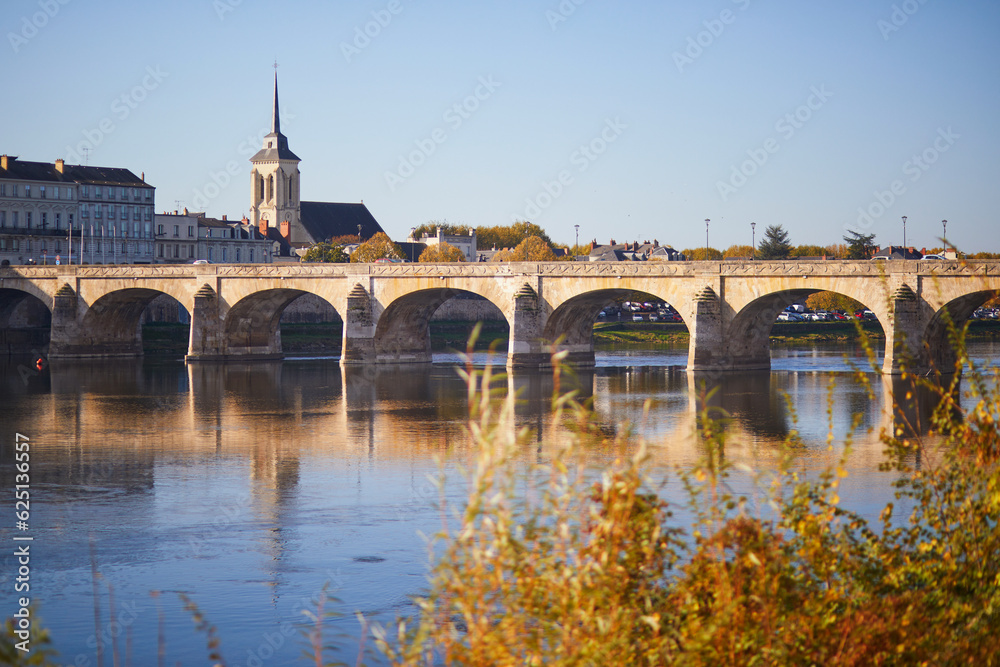 Scenic view of the Loire river with Cessart bridge in Saumur, Maine-et-Loire department, France