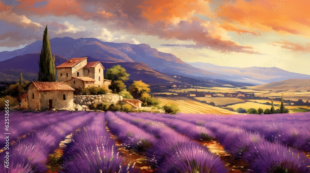  a painting of a lavender field with a house in the distance.  generative ai