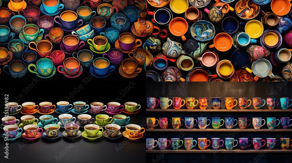 a collection of colorful cups and saucers on a shelf. generative ai a collection of colorful cups and saucers on a shelf. generative ai