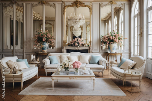 A Parisian-inspired vintage living room with vintage French furniture, ornate mirrors, and a crystal chandelier Generative AI © Denis Yevtekhov