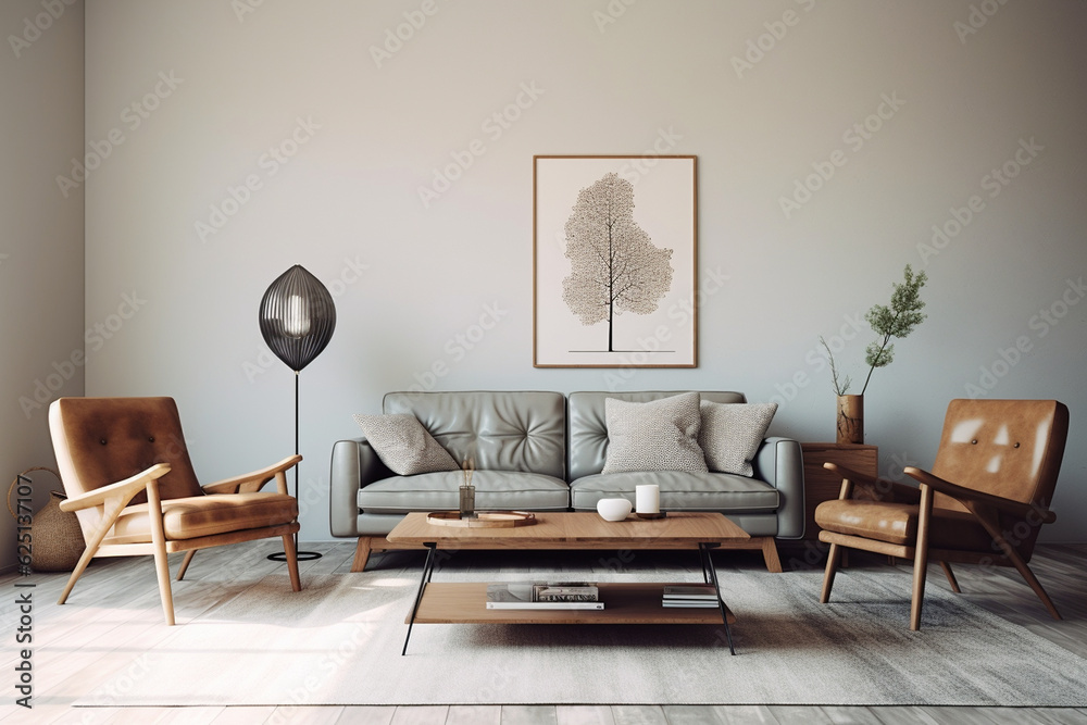 A minimalist vintage living room design with clean lines, retro furniture pieces, and vintage industrial lighting Generative AI