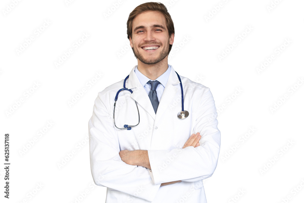 Handsome friendly young doctor looking at camera on a transparent background, smiling. Handsome friendly young doctor looking at camera on a transparent background, smiling.