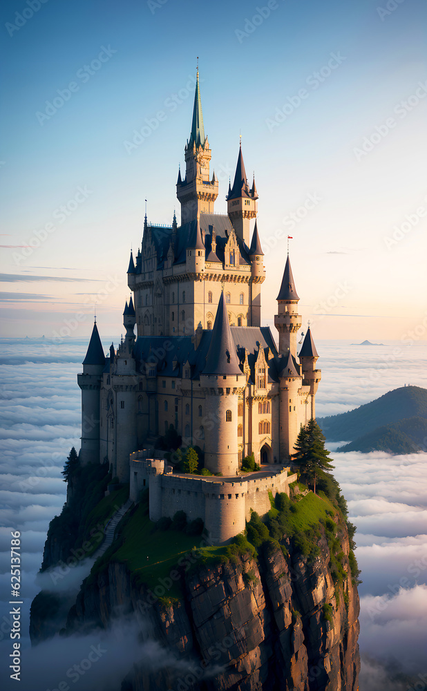 Realistic photo landscape of majestic castle floating in the clouds