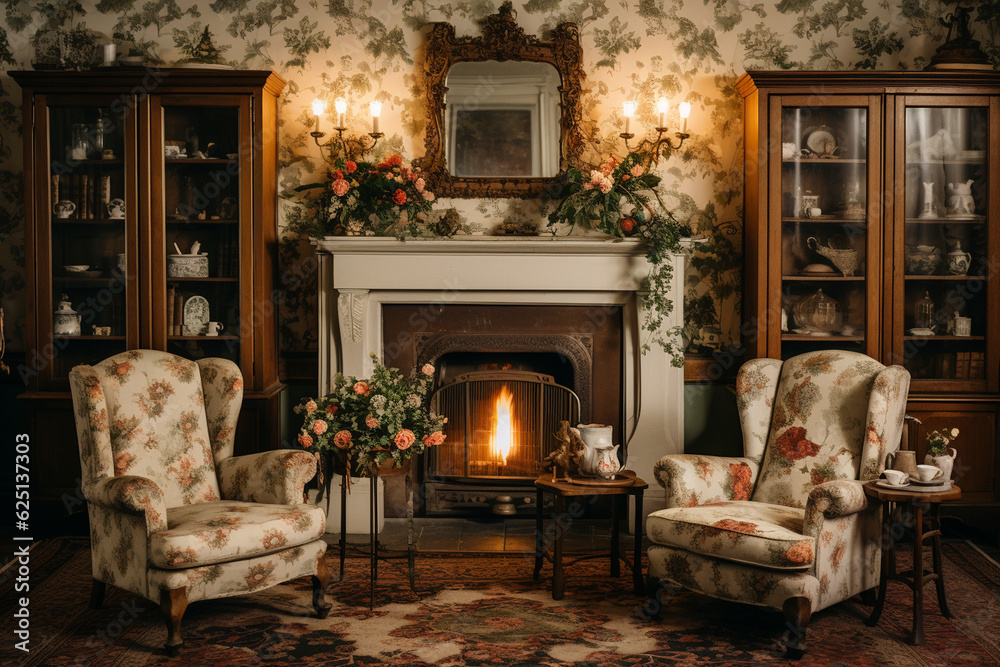 A cozy vintage living room design with an antique fireplace, classic ...