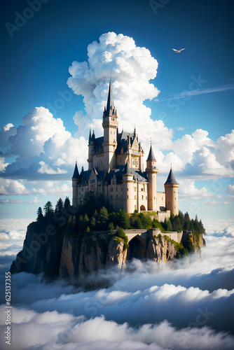 Realistic photo landscape of majestic castle floating in the clouds