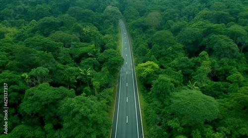 Aerial top view of asphalt road through green forest, view of nature ecosystem for save Earth. Generative AI
