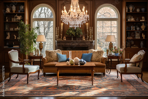 An elegant vintage living room featuring a chandelier  vintage Persian rug  and ornate wooden furniture pieces Generative AI
