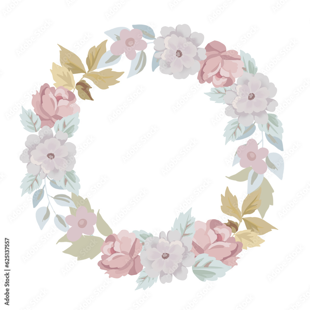 Digital Clipart Flower blossom rose, peonies, widflower ornament rustic retro round frame isolated