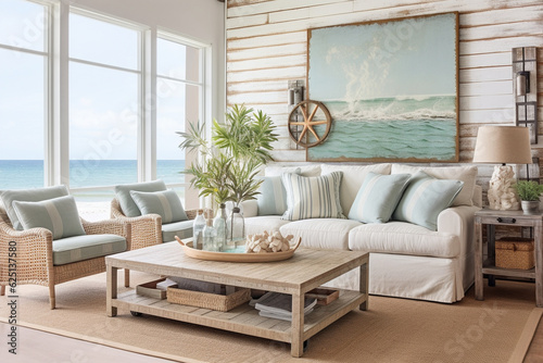 A coastal farmhouse living room featuring distressed wood furniture and beachy wall signs Generative AI