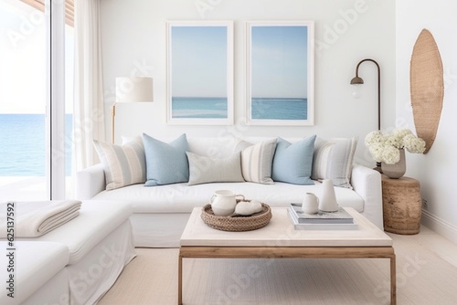 A minimalist coastal living room with a white sofa and pastel blue accent pillows, exuding tranquility Generative AI © Denis Yevtekhov