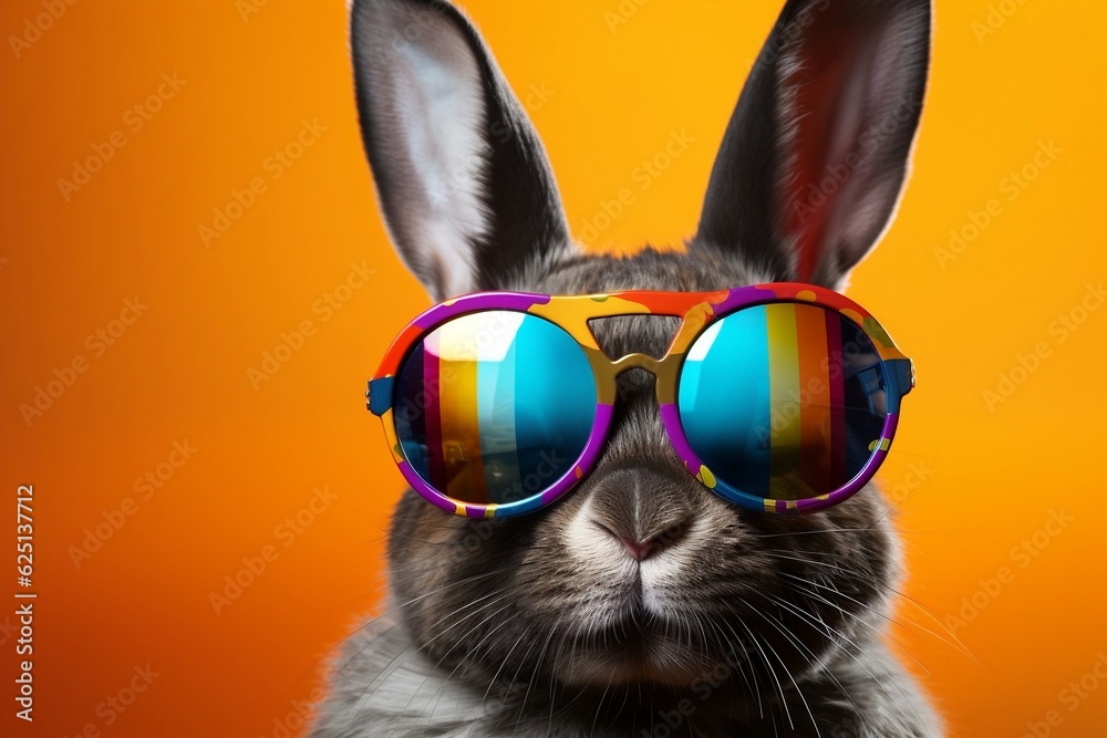 Stylish Bunny with Sunglasses on a Colorful Background. Generative AI