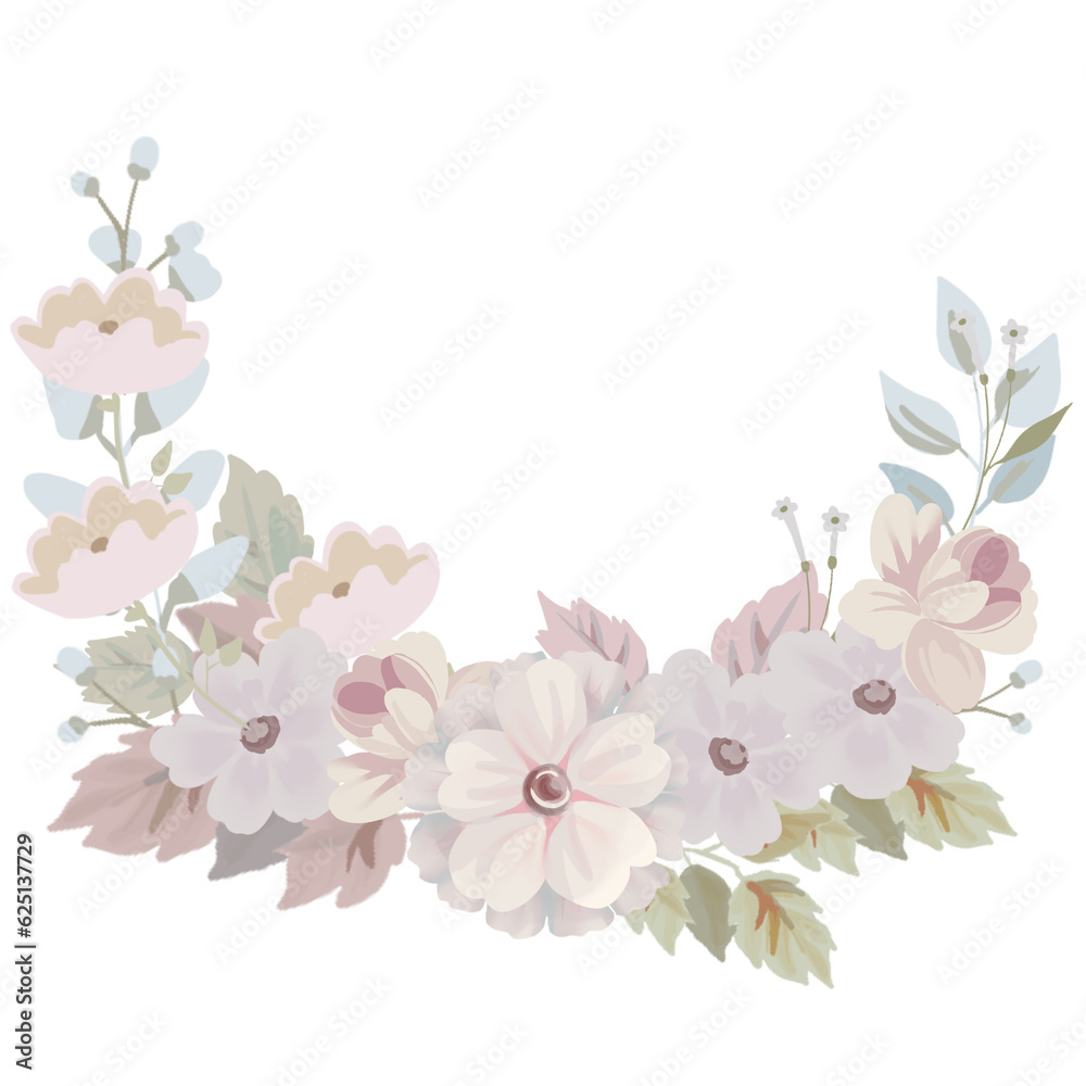 Digital Clipart Flower blossom rose, peonies, widflower ornament rustic retro round frame isolated