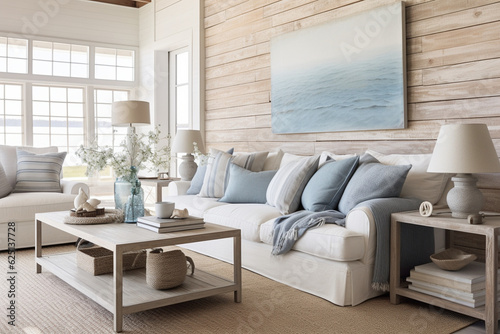 A coastal-inspired living room with a shiplap accent wall  displaying a collection of vintage beach finds Generative AI