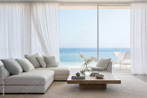 A breezy living room featuring floor-to-ceiling curtains in sheer white fabric  enhancing the coastal ambiance Generative AI