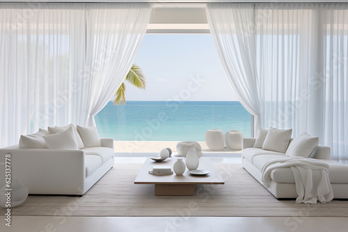A breezy living room featuring floor-to-ceiling curtains in sheer white fabric, enhancing the coastal ambiance Generative AI