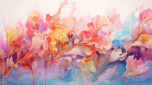  an abstract painting of flowers in pink, yellow, and blue. generative ai