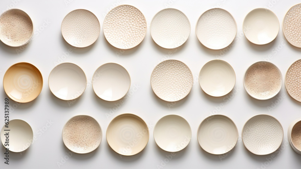  a group of white and brown plates on a white surface.  generative ai