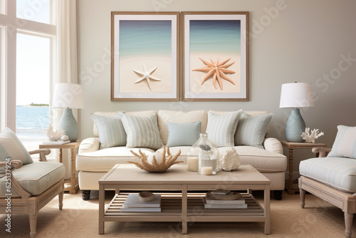 A coastal-inspired living room with sandy beige walls, adorned with seashell decor and framed beach artwork Generative AI