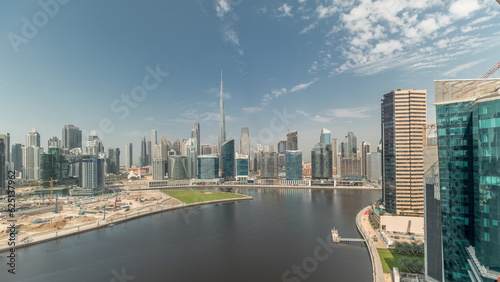Aerial view to Dubai Business Bay and Downtown with the various skyscrapers and towers timelapse