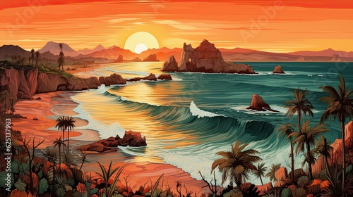 The painting depicts a sunset with a beach, mountains, and orange sky. (Generative AI)