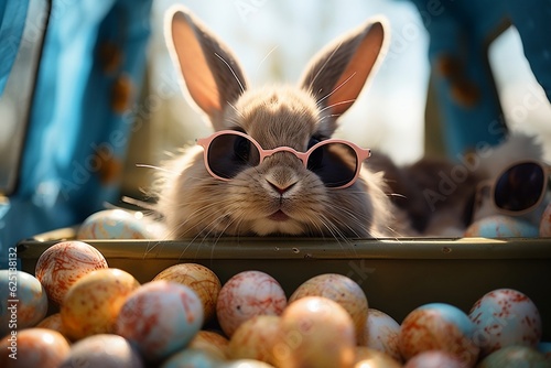 Adorable Easter Bunny Wearing Sunglasses Peeking Out. Generative AI