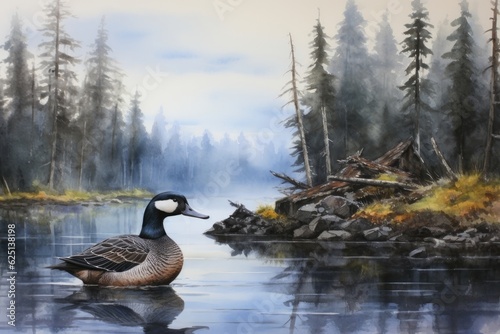 There is a painting with ducks swimming in a foggy lake. (Generative AI)