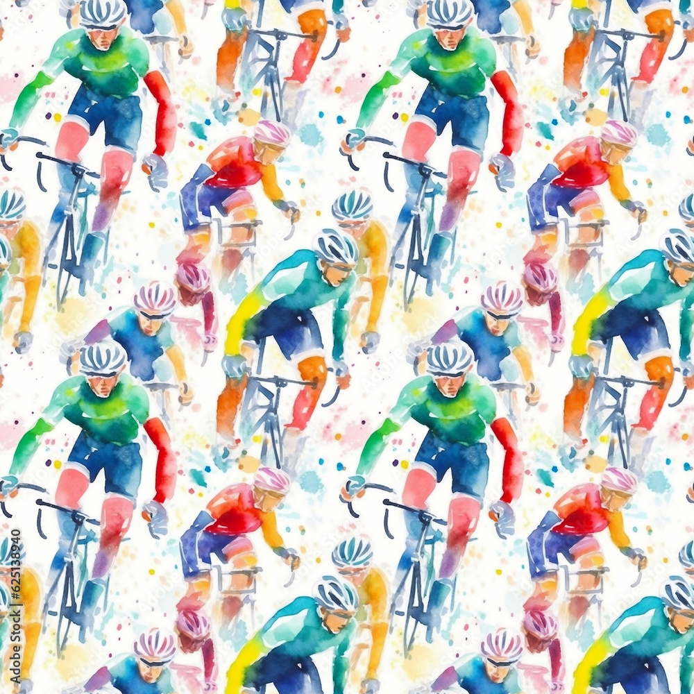Watercolor illustration with splashes and streaks of paint: cyclists seamless pattern. AI