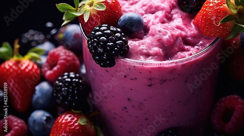  a close up of a smoothie with berries and strawberries. generative ai